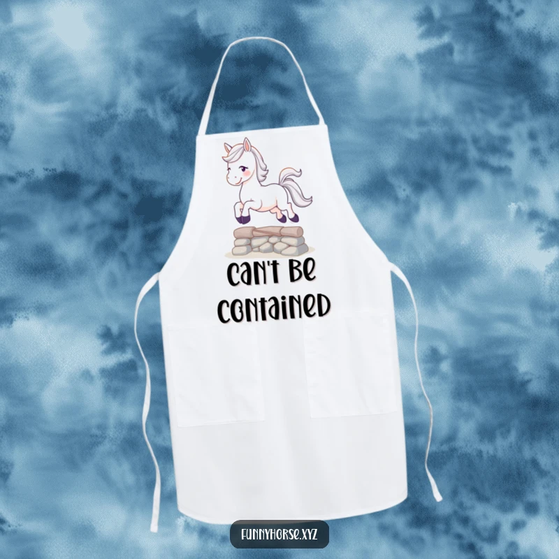 Funny playful white horse with a sparkling tail leaping over a small obstacle, a humorous and practical apron.