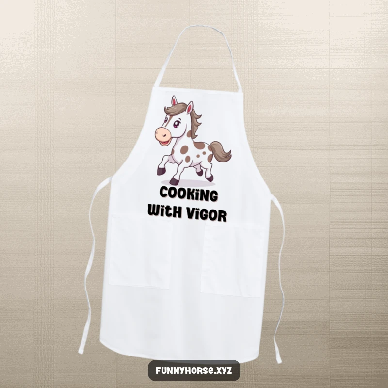 Funny happy spotted horse with a determined expression trots energetically, a humorous and practical apron.