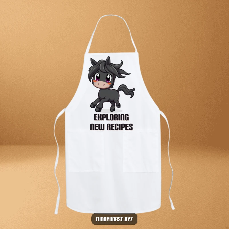 Funny curious black horse with wide eyes prancing with excitement, a humorous and practical apron.