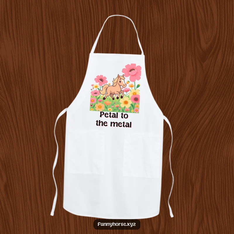 Funny apron: A playful horse joyfully gallops through vibrant flowers, bringing equestrian flair to the kitchen.