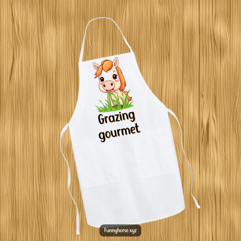 Funny horse apron showing a horse happily munching on sweet grass, perfect for adding humor to kitchen activities.
