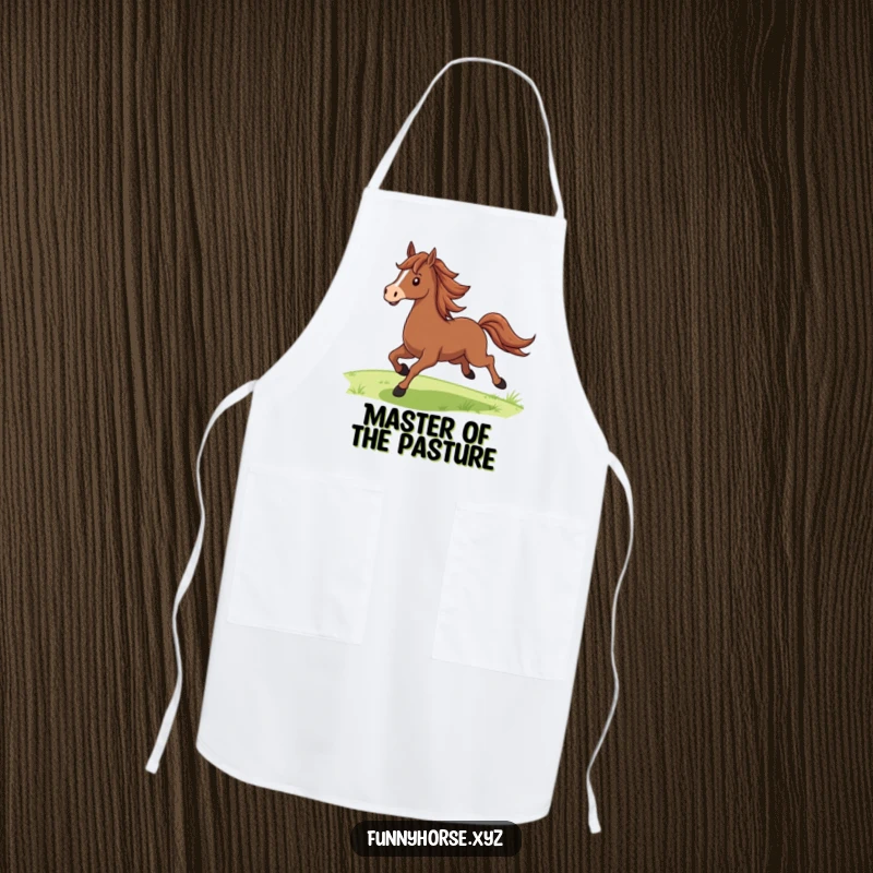Funny proud brown horse with a flowing mane galloping joyfully across green fields, a humorous and practical apron for riders.