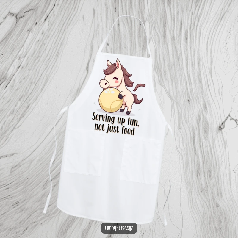 Funny Horse Apron featuring an energetic horse playfully nudging a bouncing ball, ready to bring fun to the kitchen.
