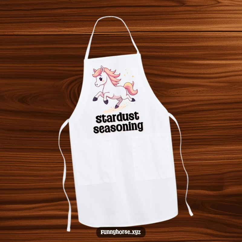 Funny apron showing an energetic horse kicking up shimmering stardust, ideal for cooking with galactic flair and humor.