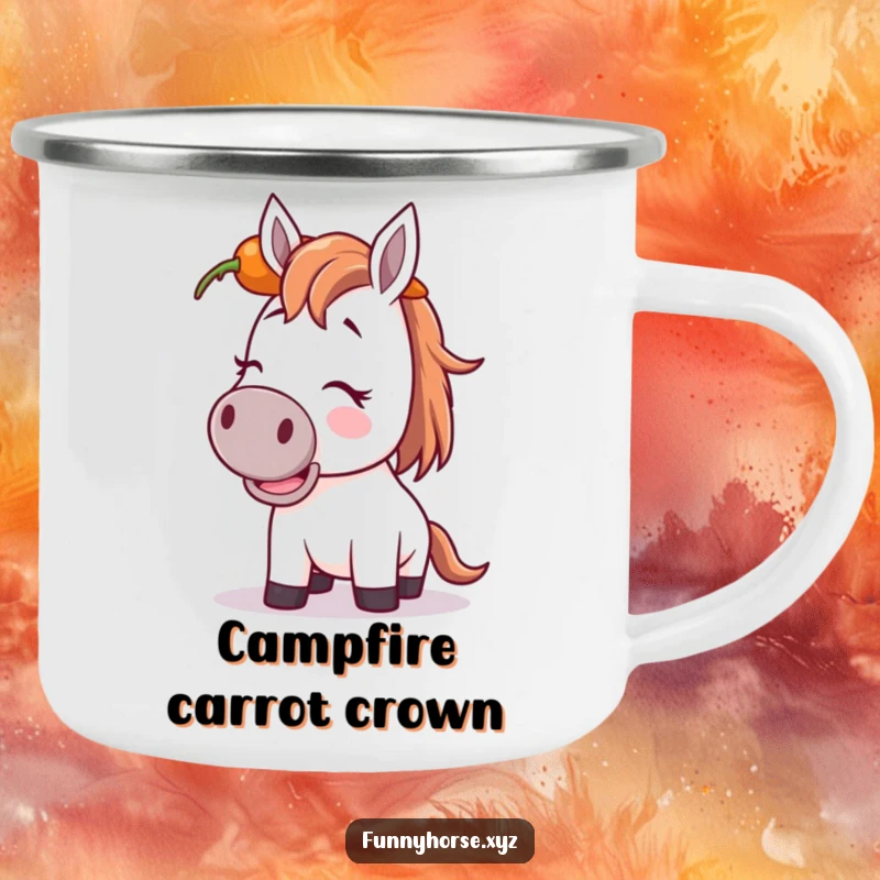 Funny giggling horse camping mug: a horse attempts to balance a carrot on its head, bringing amusement to outdoor drinks.