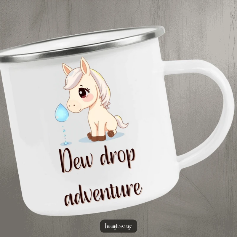 Funny camping mug featuring a curious horse gently nudging a giant, sparkling dewdrop, perfect for enjoying nature with humor.