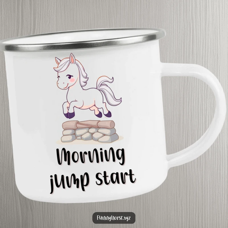 Funny playful white horse with a sparkling tail leaping over a small obstacle, a humorous and durable camping mug.