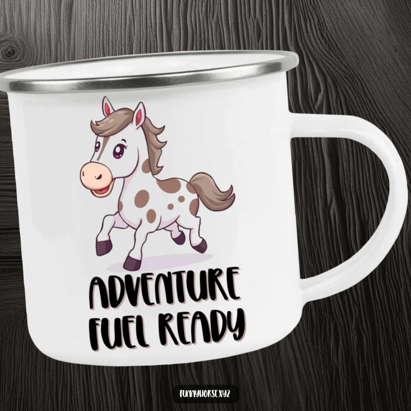 Funny happy spotted horse with a determined expression trots energetically, a humorous and durable camping mug.