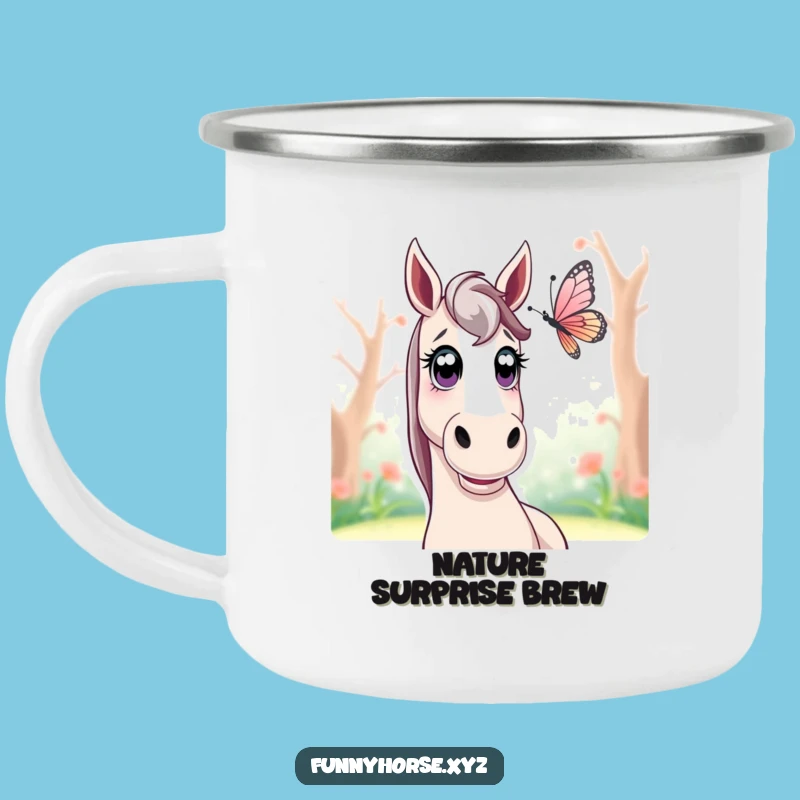 Funny Surprised Horse Butterfly Camping Mug - Outdoor Wonder & Perfect Gift