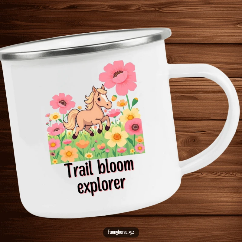Funny camping mug: A playful horse joyfully gallops through oversized flowers, ready for outdoor adventures and spirited sips.