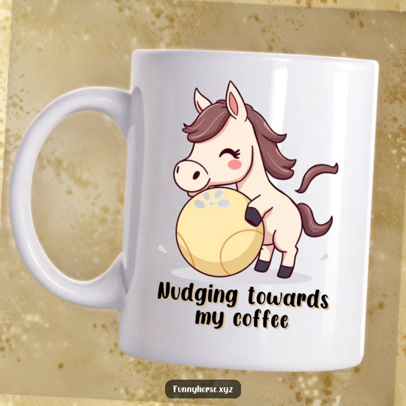 Funny Horse Mug featuring an energetic horse playfully nudging a colorful bouncing ball, radiating joy and a love for games.