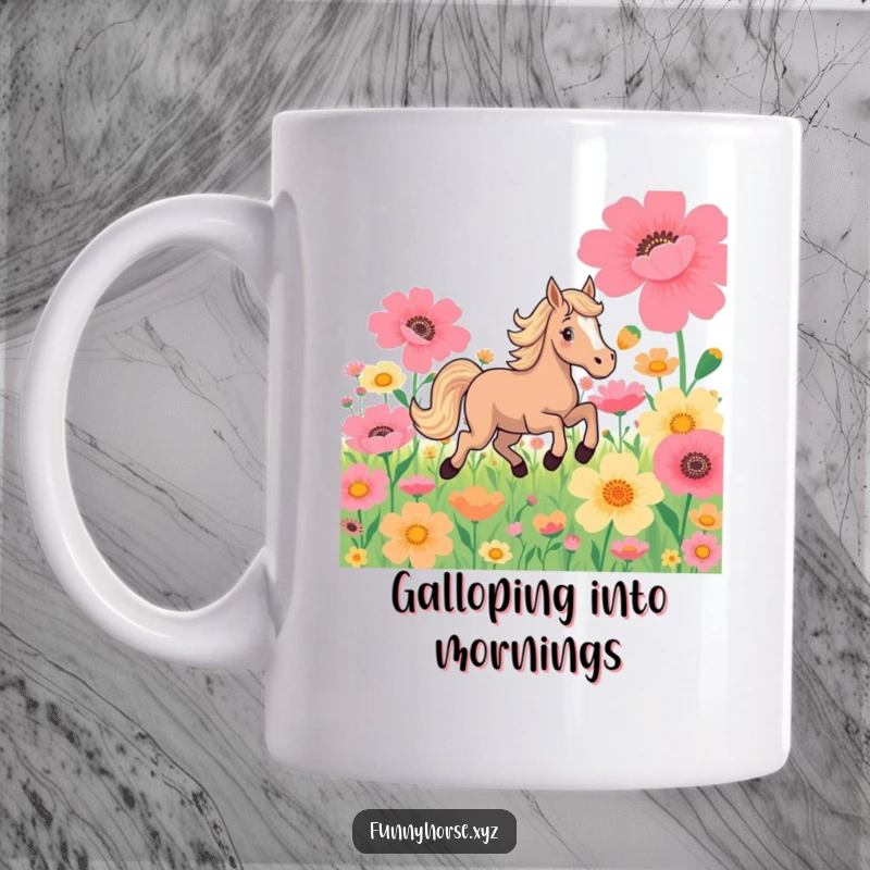 Funny mug: A playful horse joyfully gallops through a field of vibrant, oversized flowers, embodying freedom and beauty.