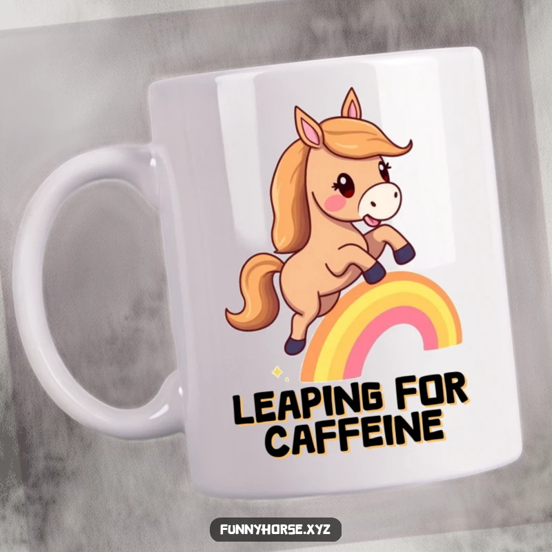 Funny mug: A happy horse with a flowing mane playfully leaps over a tiny rainbow, embodying joy and good fortune.