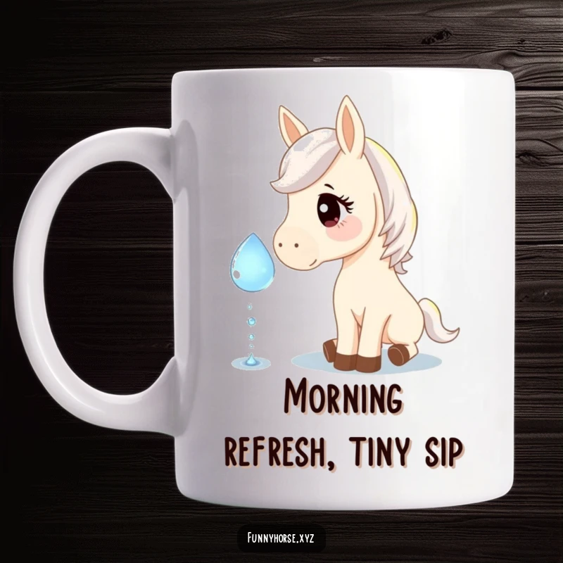 Funny mug showing a curious horse gently nudging a giant sparkling dewdrop, full of wonder and morning freshness.