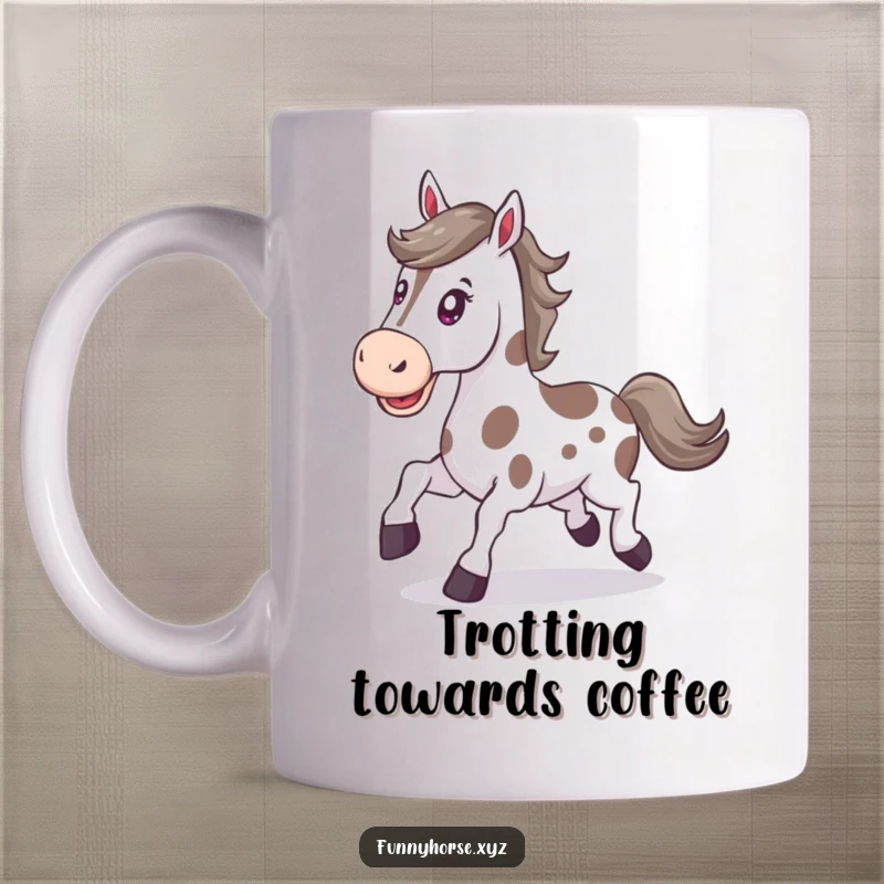 Funny happy spotted horse with a determined expression trots energetically, a humorous and driven mug design.