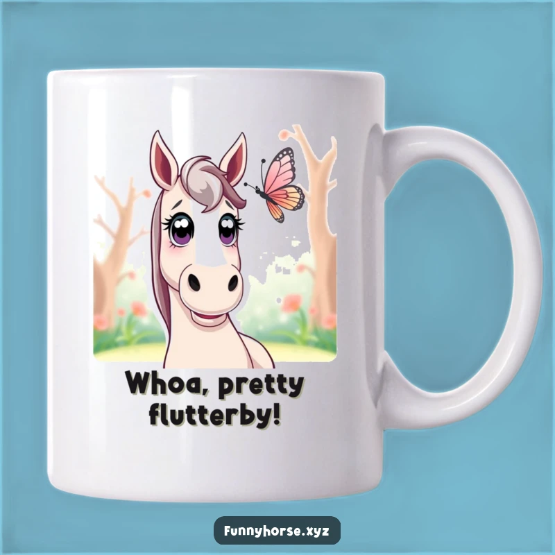 Funny Surprised Horse Butterfly Mug - Whimsical Encounter & Perfect Gift