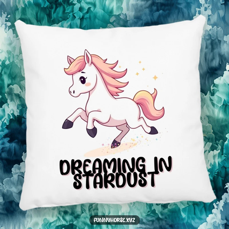 Funny pillow featuring an energetic horse kicking up shimmering stardust, providing cosmic comfort and a touch of whimsical humor.