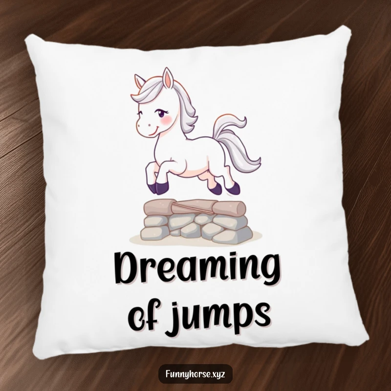 Funny playful white horse with a sparkling tail leaping over a small obstacle, a soft and humorous decorative pillow.