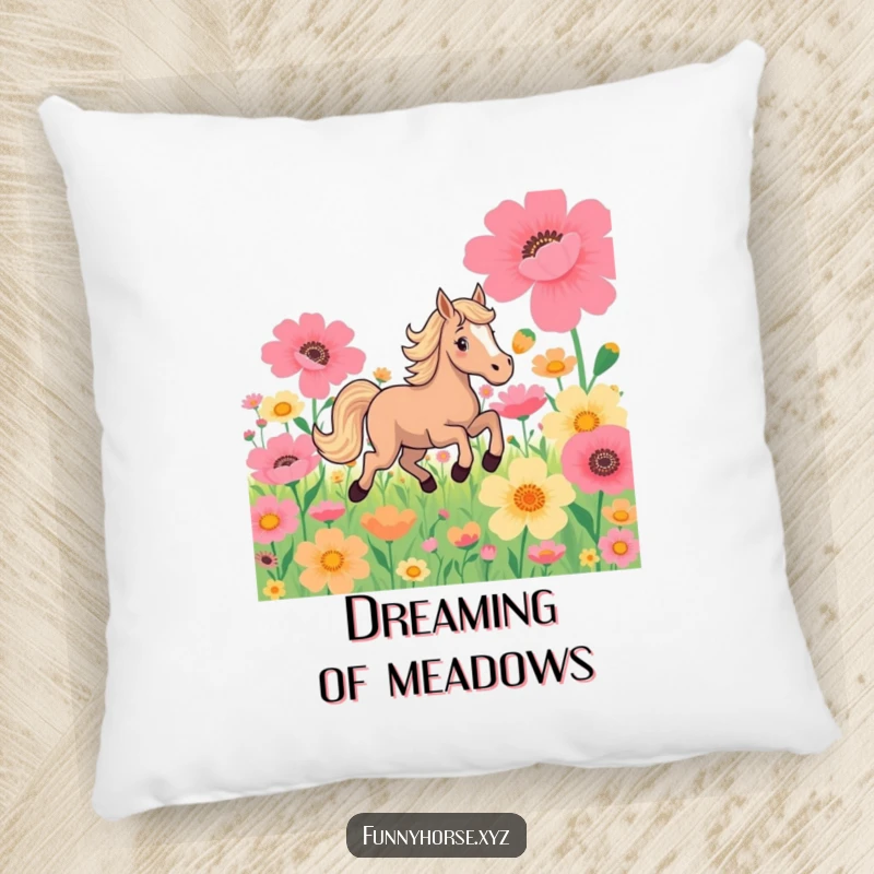 Funny pillow: A playful horse joyfully gallops through oversized flowers, bringing soft, vibrant, natural beauty.