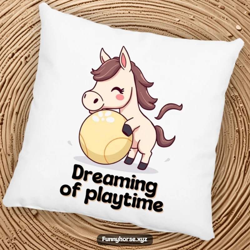 Funny Horse Pillow decorated with an energetic horse playfully nudging a bouncing ball, for humorous comfort and cheer.