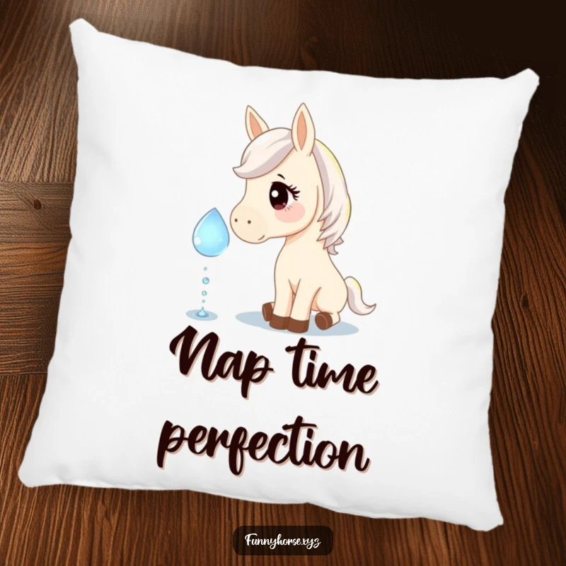 Funny pillow featuring a curious horse gently nudging a giant, sparkling dewdrop, offering comfort and a splash of whimsical humor.
