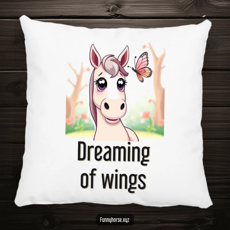 Funny surprised horse pillow depicting a horse with wide eyes gazing at a fluttering butterfly, creating a sense of gentle wonder.