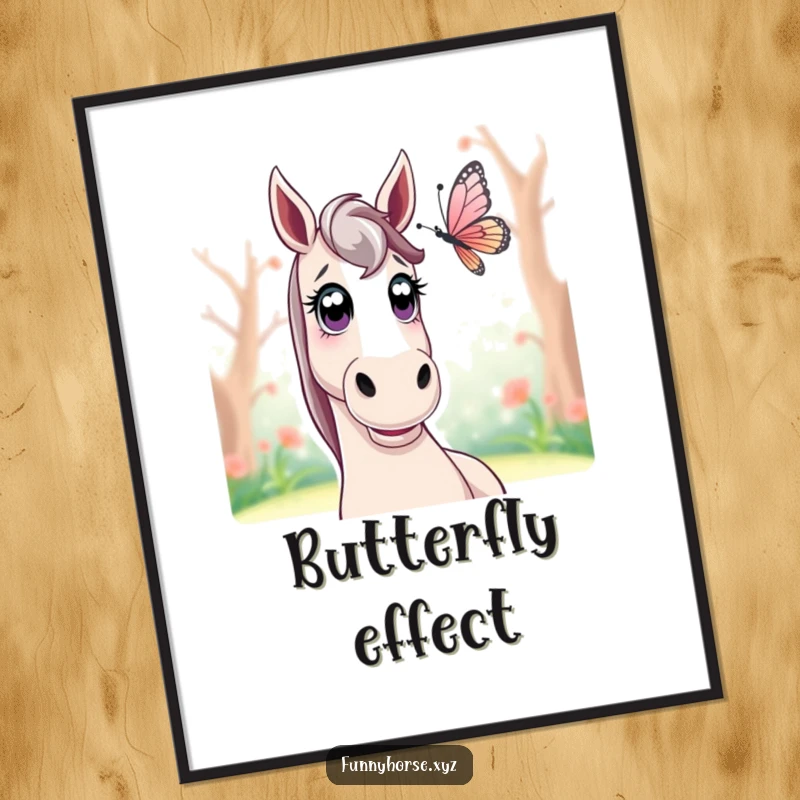Funny surprised horse digital art print: a horse with wide eyes observes a fluttering butterfly, capturing a moment of gentle surprise.
