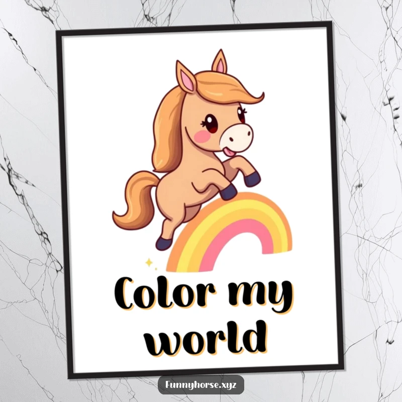 Funny digital art print: A happy horse joyfully leaps over a tiny rainbow, bringing magical optimism and wonder to your walls.