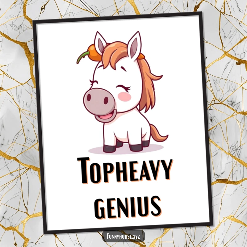 Funny giggling horse digital art print: a horse attempts to balance a carrot on its head, radiating comical glee.