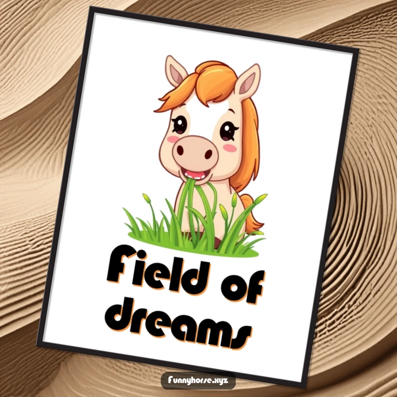 Funny horse digital art print: a happy horse contentedly munching on sweet green grass, offering a humorous visual.