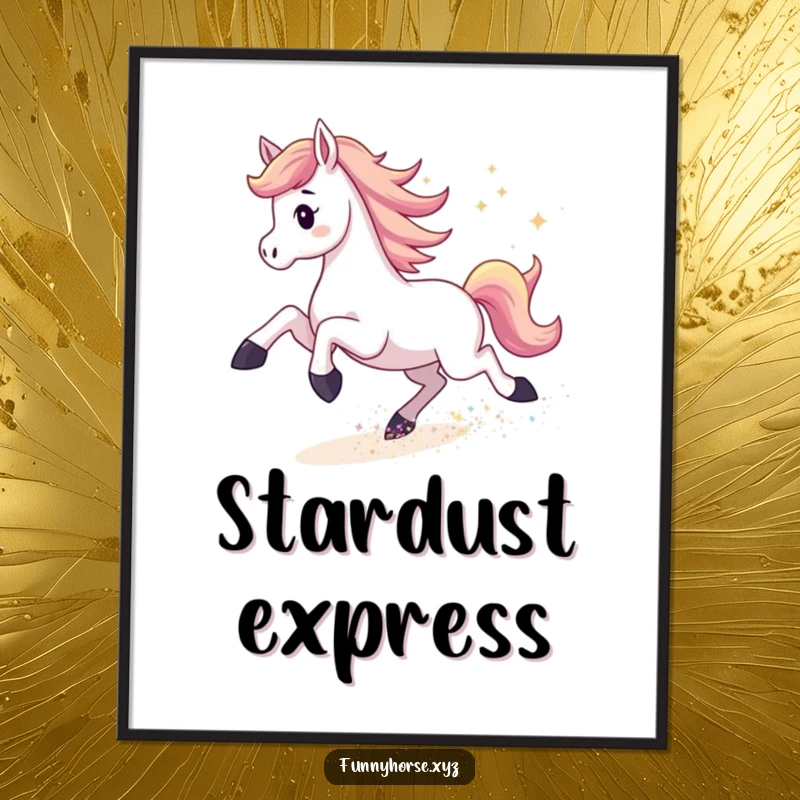 Funny digital art print of an energetic horse kicking up shimmering stardust, offering instant cosmic decor and humorous appeal.