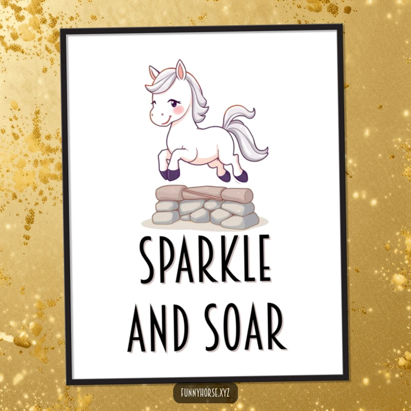 Funny playful white horse with a sparkling tail leaping over a small obstacle, high-resolution digital art for humorous decor.