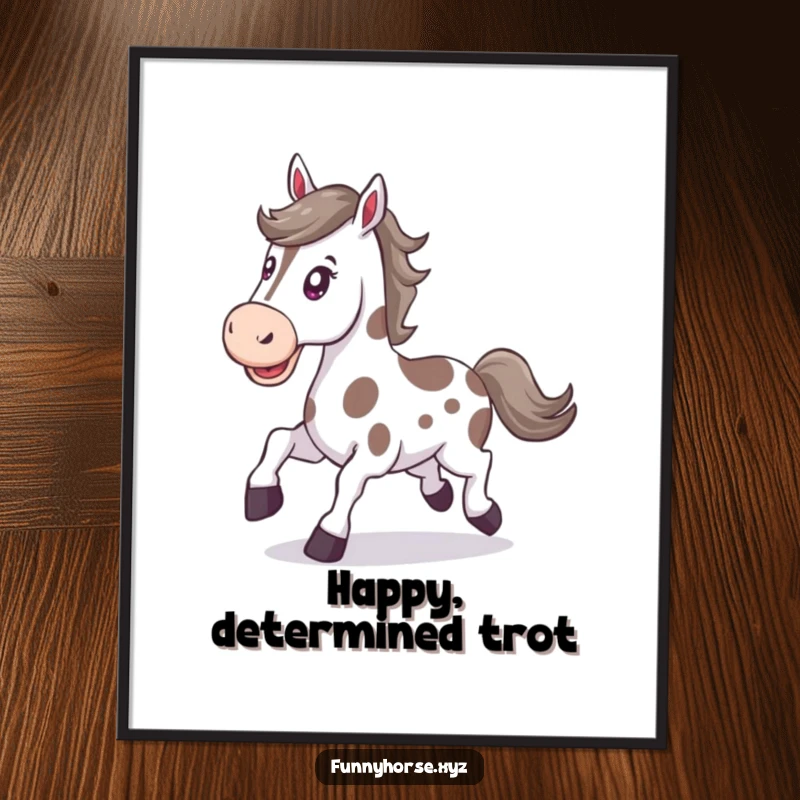 Funny happy spotted horse with a determined expression trots energetically, high-resolution digital art for humorous decor.