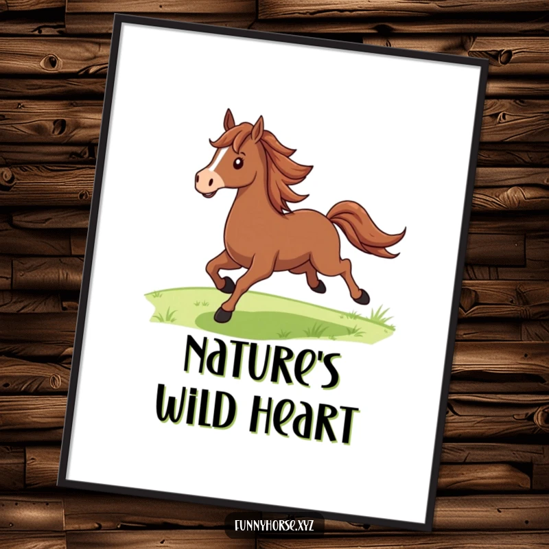 Funny proud brown horse with a flowing mane galloping joyfully across green fields, high-resolution digital art for wall decor.