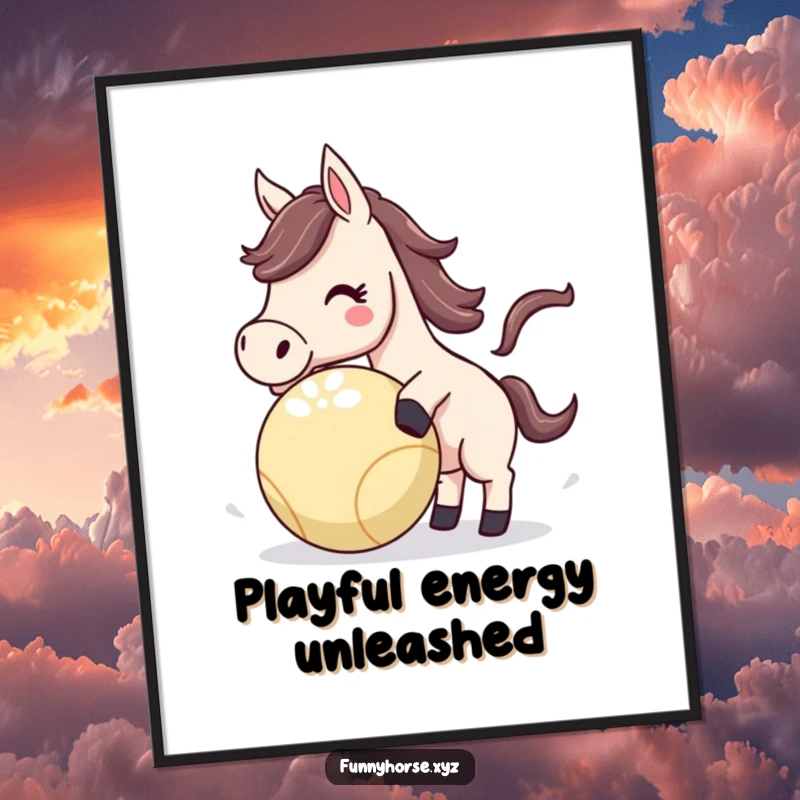 Funny Horse Digital Art Print of an energetic horse playfully nudging a bouncing ball, offering instant humorous fun.