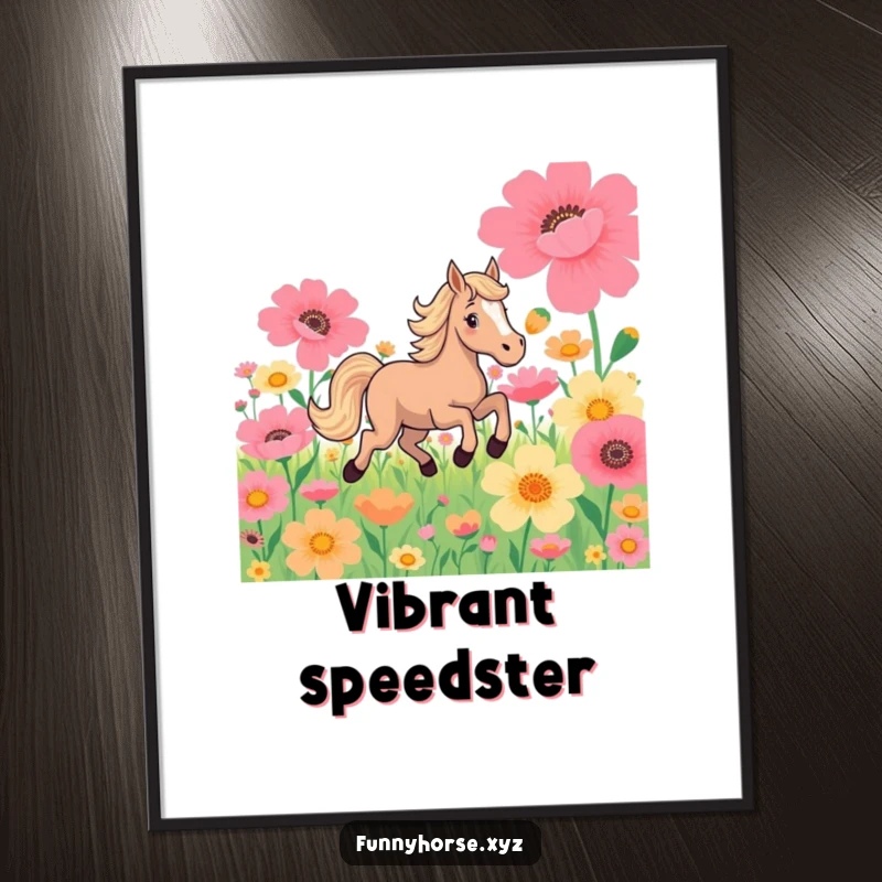 Funny digital art print: A playful horse joyfully gallops through vibrant, oversized flowers, bringing freedom and beauty to your walls.