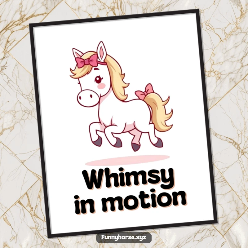 Funny whimsical horse digital art print: a horse with a bow on its tail is depicted doing a charming little hop.