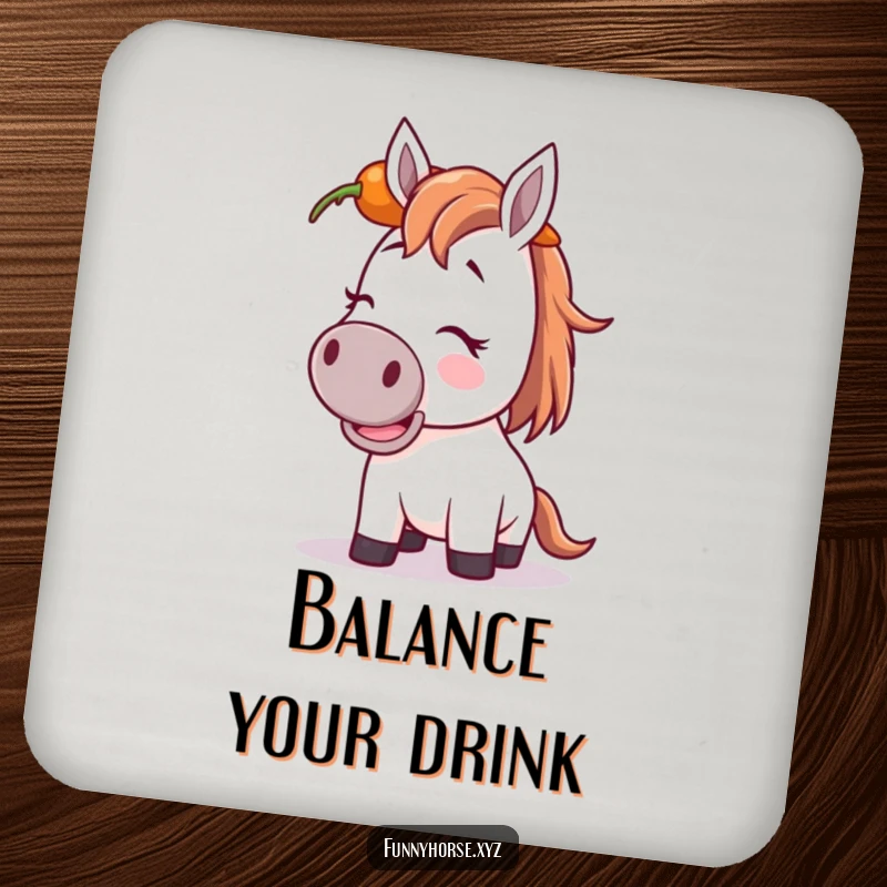 Funny giggling horse coaster showing a horse trying to balance a carrot on its head, adding humor to drink service.