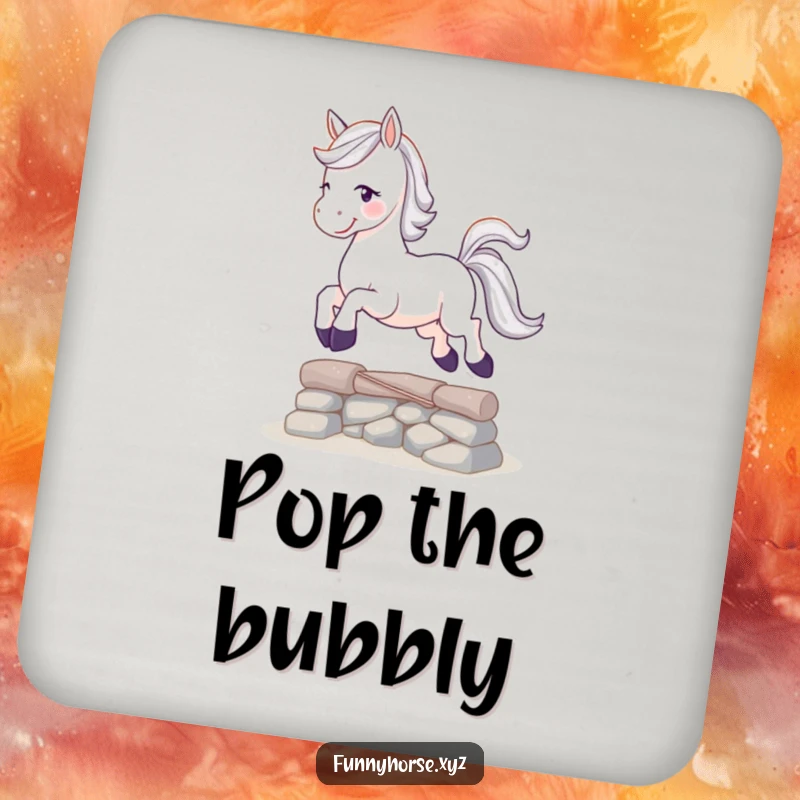Funny playful white horse with a sparkling tail leaping over a small obstacle, a set of humorous and protective coasters.