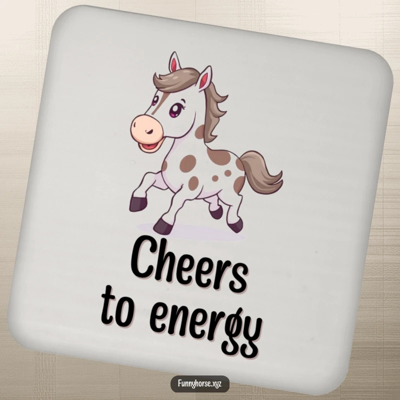Funny happy spotted horse with a determined expression trots energetically, a set of humorous and protective coasters.