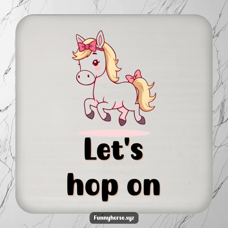 Funny whimsical horse coaster showing a horse with a decorative tail bow doing a cute hop, adding charm to drink service.