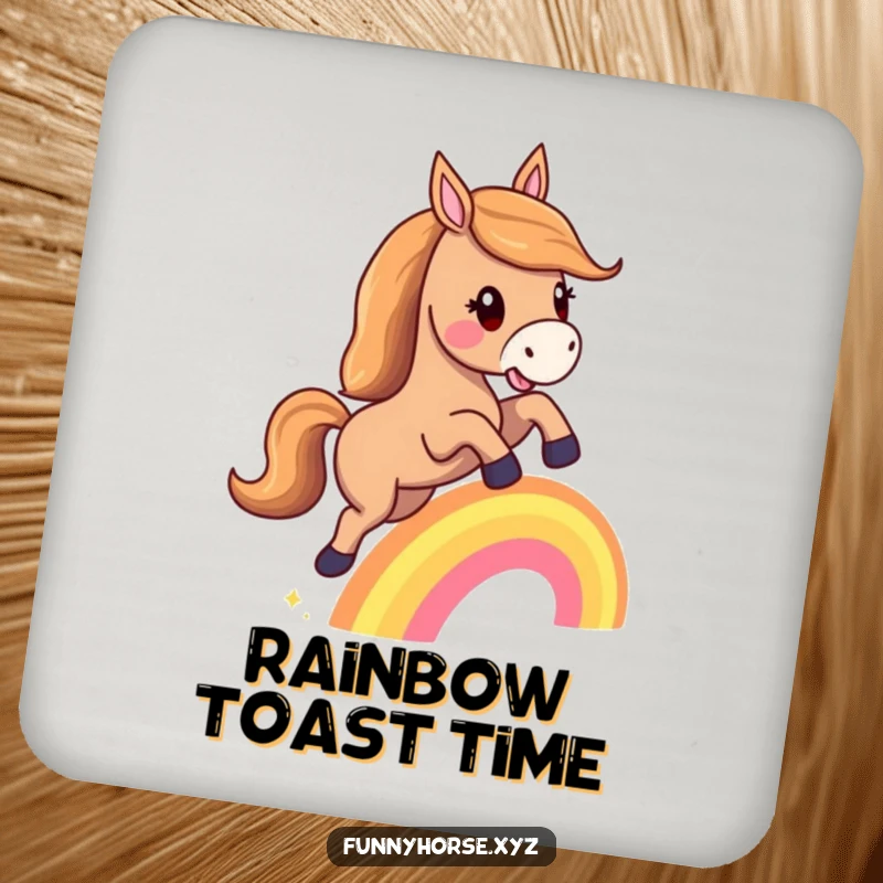 Funny drink coaster: A happy horse joyfully leaps over a tiny rainbow, bringing magical charm to your table.