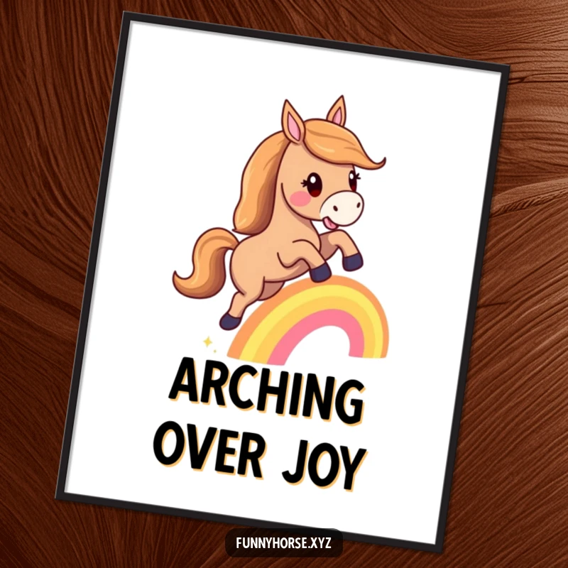 Funny poster: A happy horse with a flowing mane joyfully leaps over a tiny rainbow, embodying pure magical optimism.