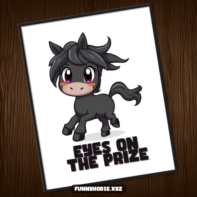 Funny curious black horse with wide eyes prancing with excitement, vibrant and humorous wall art for enthusiasts.