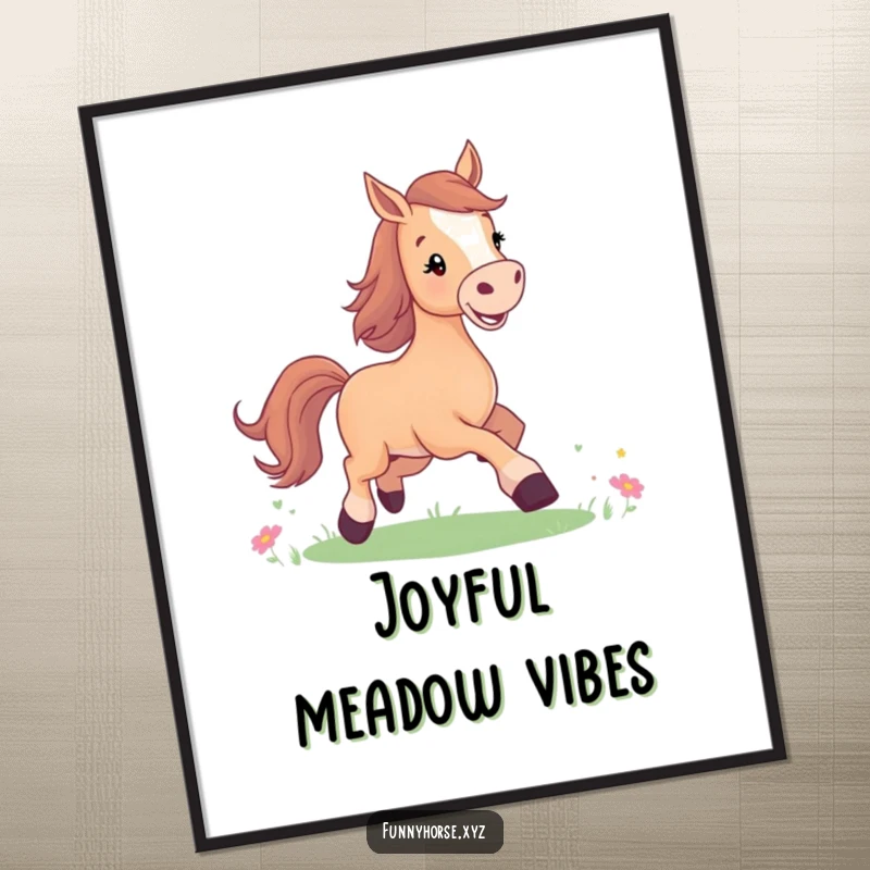 Funny poster artwork of a joyful horse with a bright smile, prancing energetically in a beautiful meadow, spreading cheer.