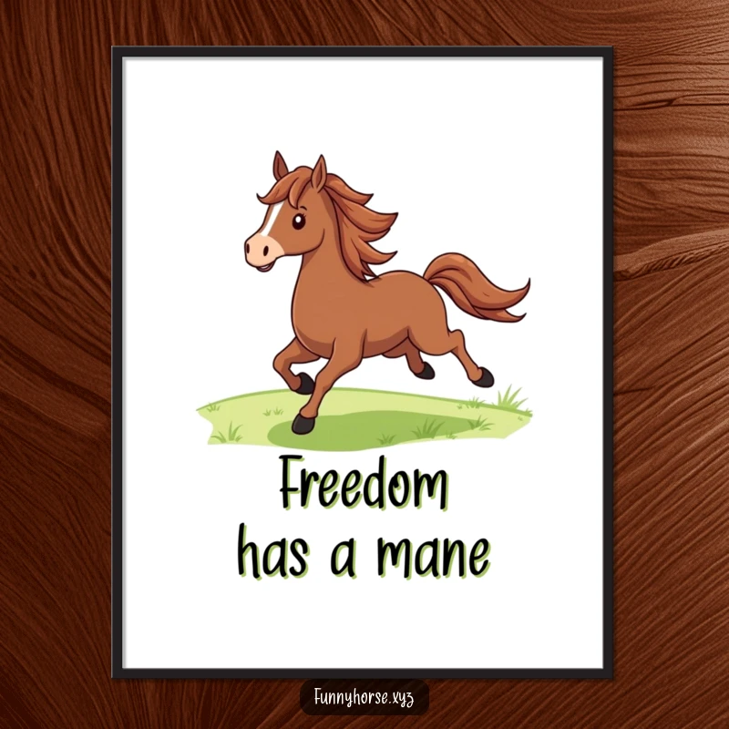 Funny proud brown horse with a flowing mane galloping joyfully across green fields, striking and humorous wall art.