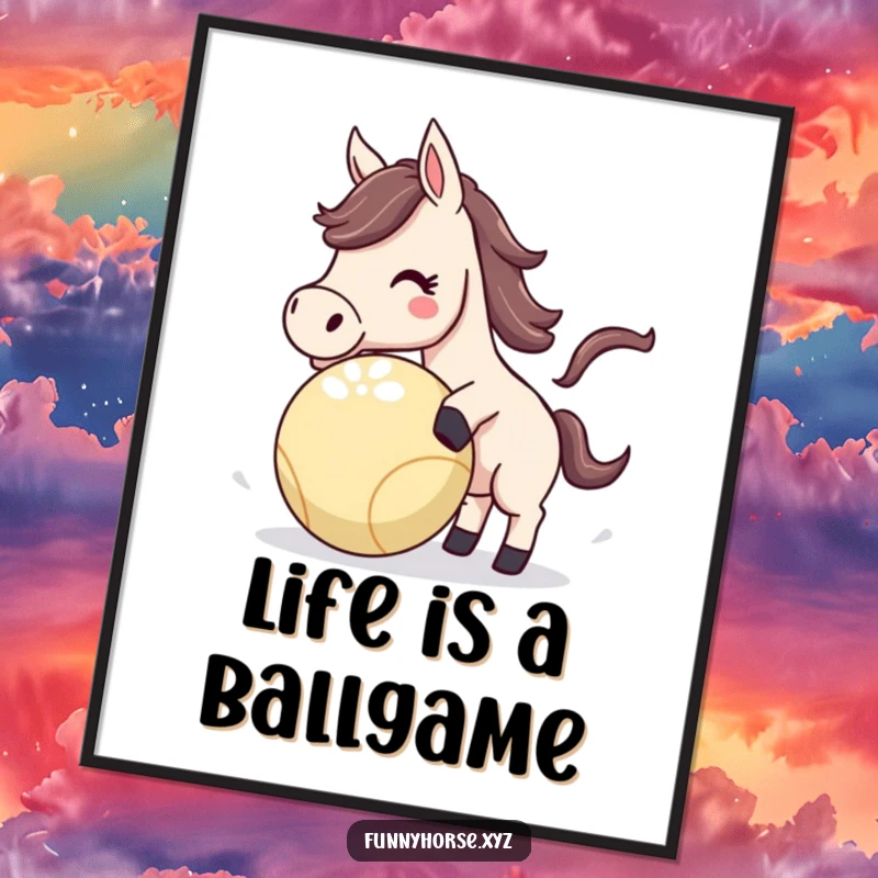 Funny Horse Poster featuring an energetic horse playfully nudging a colorful bouncing ball, radiating humorous fun and activity.