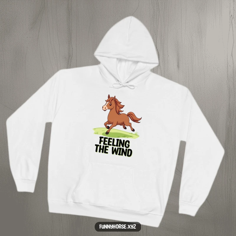 Funny proud brown horse with a flowing mane galloping joyfully across green fields, a warm and humorous hoodie.