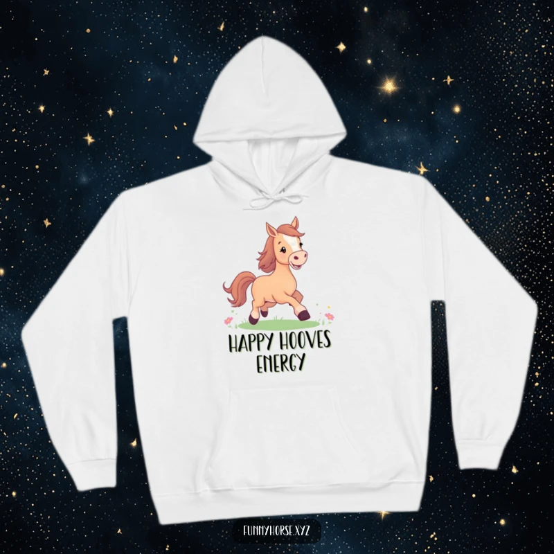 Funny hoodie featuring a joyful horse with a bright smile, prancing in a sunny meadow, offering cozy, humorous comfort.