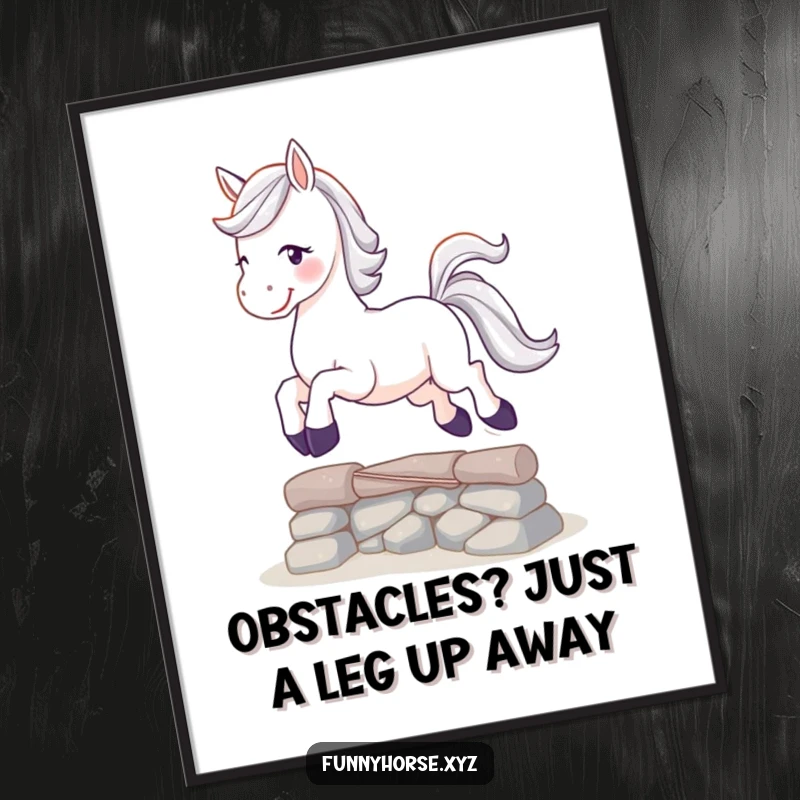 Funny Free Printable Wall Art showing a white horse with a sparkling tail mid-leap over a small obstacle, full of playful spirit.